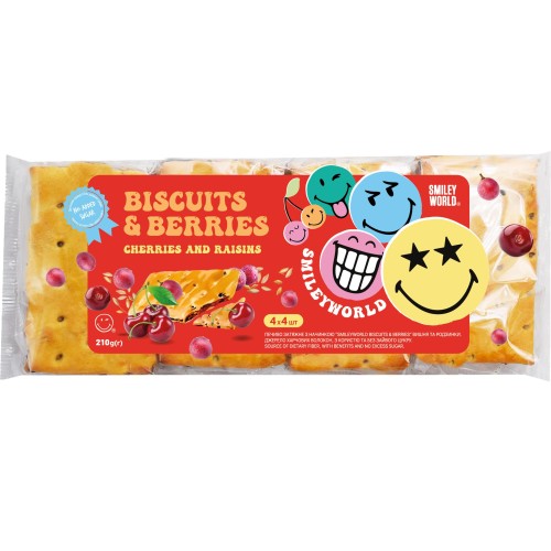 Печиво  затяжне з начинкою «SmileyWorld BISCUITS & BERRIES» вишня та родзинки, 210г