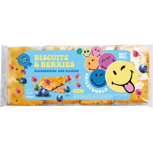 Печиво  затяжне з начинкою «SmileyWorld BISCUITS & BERRIES» чорниця та родзинки, 210г